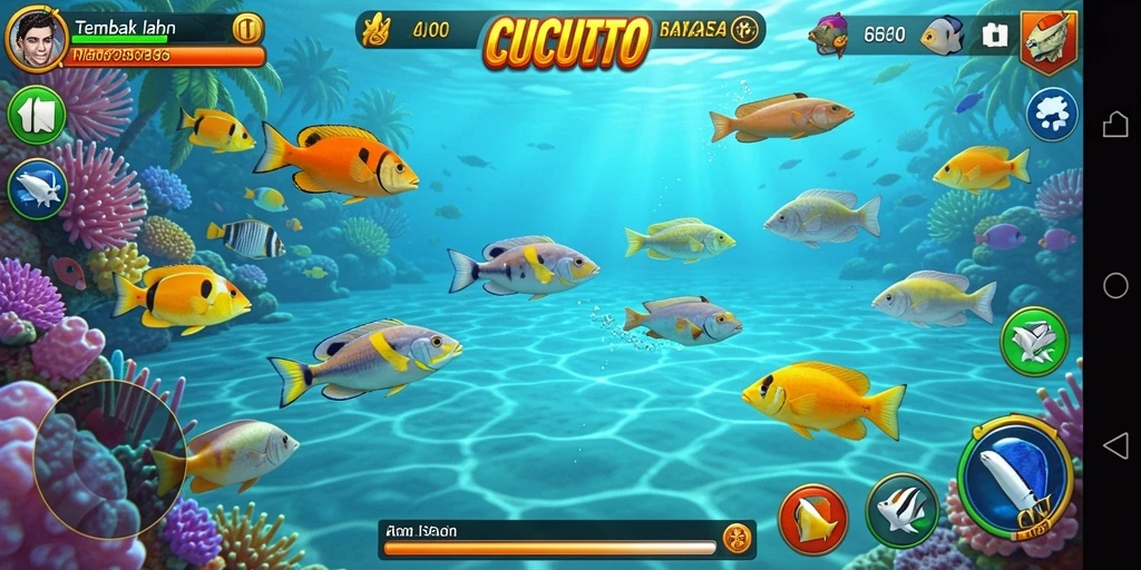 Tampilan gameplay CUCUTOTO menampilkan aksi menembak ikan yang seru dan menarik.