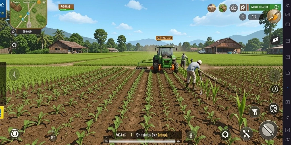 Tangkapan layar gameplay MG108 menampilkan aktivitas bertani yang menyenangkan.