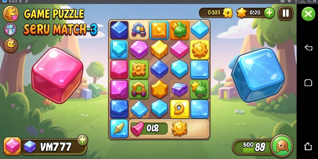 Tampilan gameplay VM777 dengan kombinasi warna-warni dan tantangan menarik.