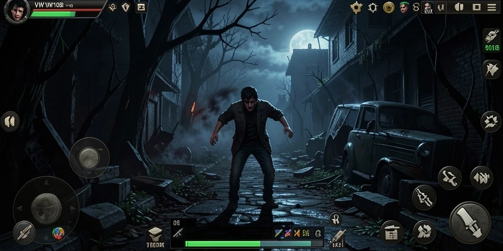 Tangkapan layar gameplay VW108 menampilkan momen mencekam dalam suasana horor.