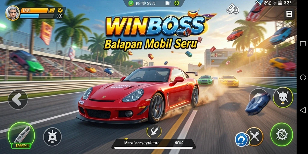 Gameplay menarik WINBOSS dengan mobil balap di lintasan menantang.