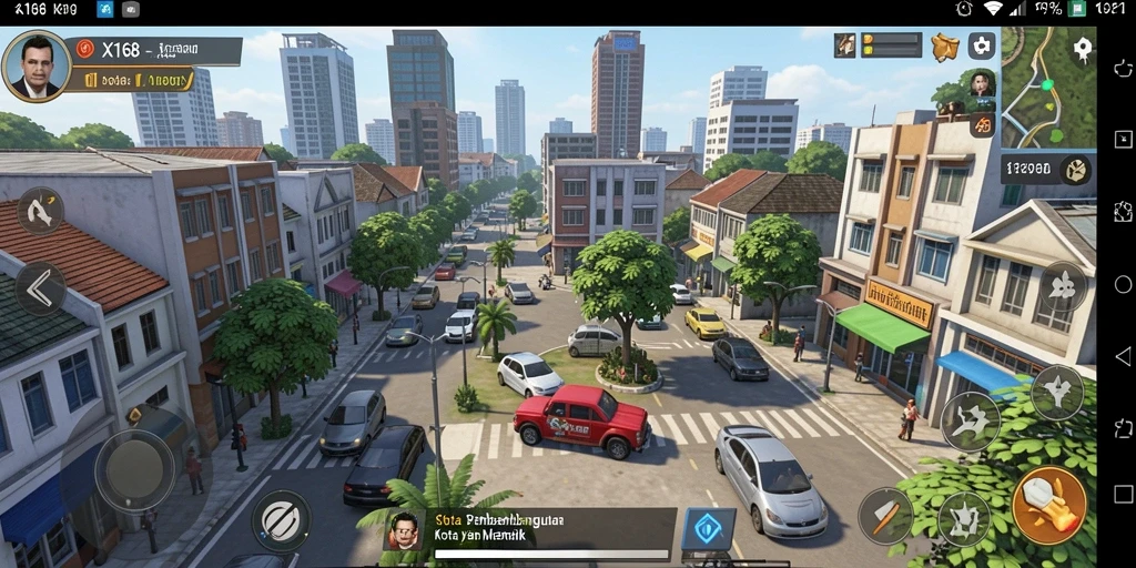 Screenshot gameplay X168 menampilkan pembangunan kota yang dinamis.